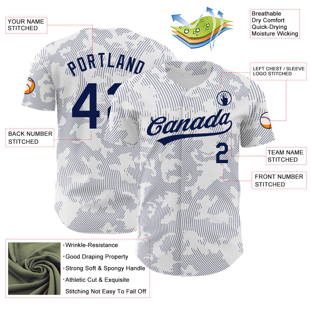 Custom White Navy 3D Pattern Design Curve Lines Authentic Baseball Jersey view 3