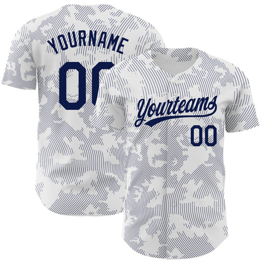 Custom White Navy 3D Pattern Design Curve Lines Authentic Baseball Jersey - Main View