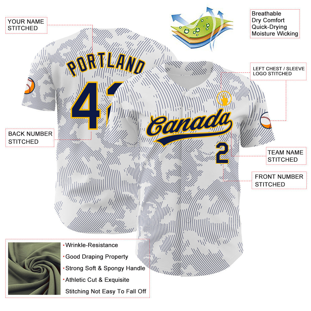 Custom White Navy-Gold 3D Pattern Design Curve Lines Authentic Baseball Jersey view 3