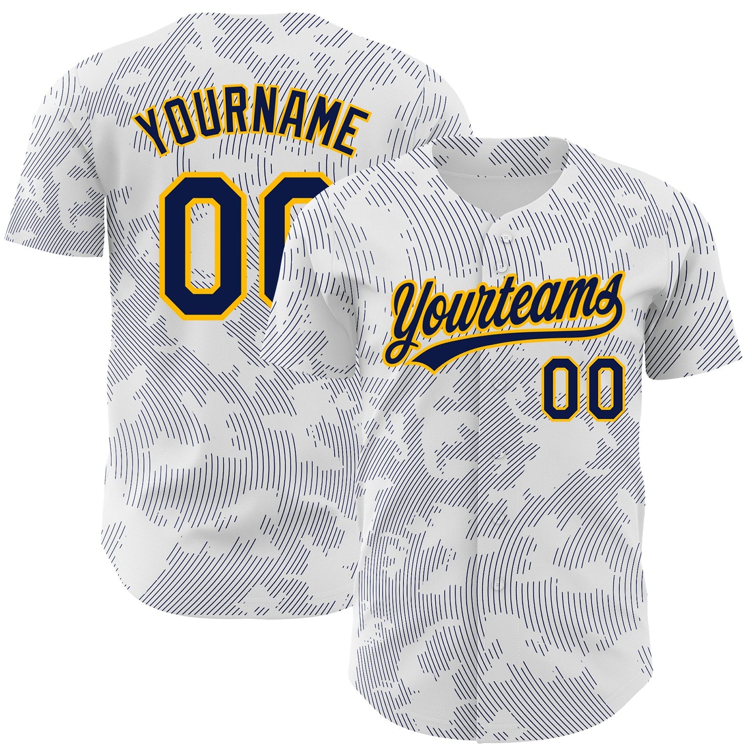 Custom White Navy-Gold 3D Pattern Design Curve Lines Authentic Baseball Jersey - Main View