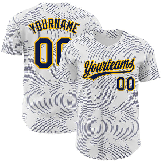 Custom White Navy-Gold 3D Pattern Design Curve Lines Authentic Baseball Jersey - Main View