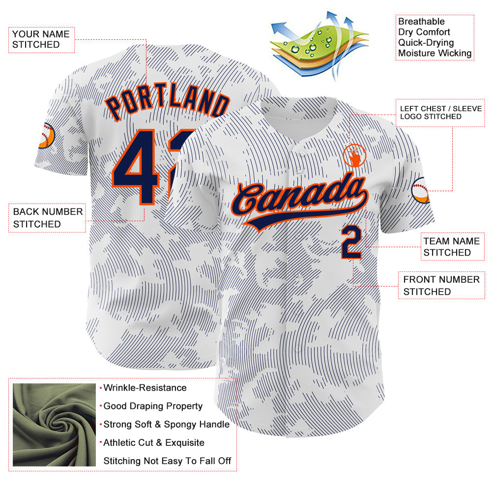 Custom White Navy-Orange 3D Pattern Design Curve Lines Authentic Baseball Jersey view 3