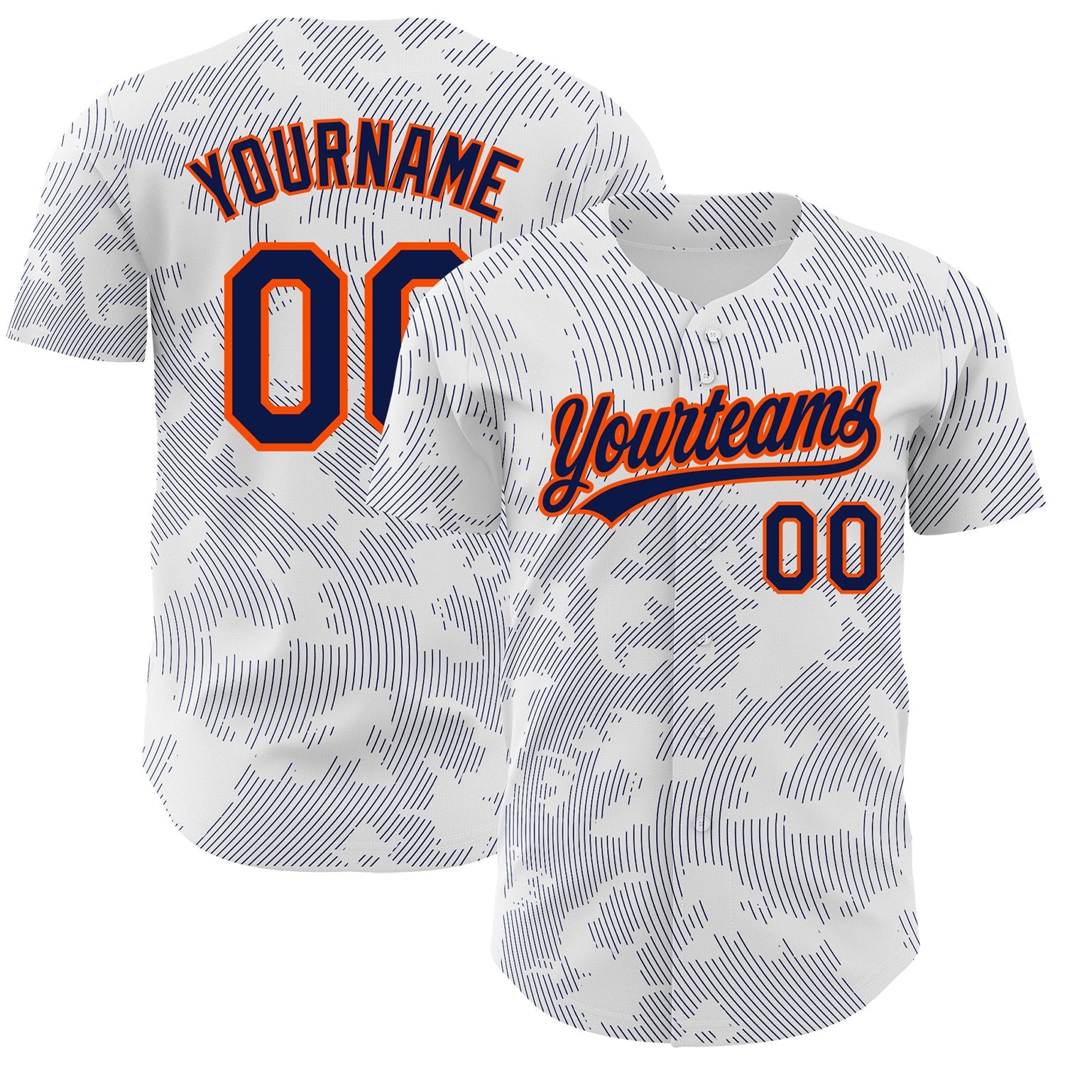 Custom White Navy-Orange 3D Pattern Design Curve Lines Authentic Baseball Jersey - Main View