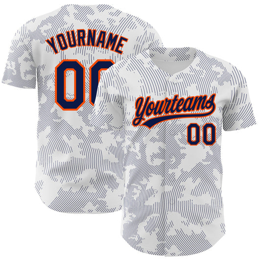 Custom White Navy-Orange 3D Pattern Design Curve Lines Authentic Baseball Jersey - Main View