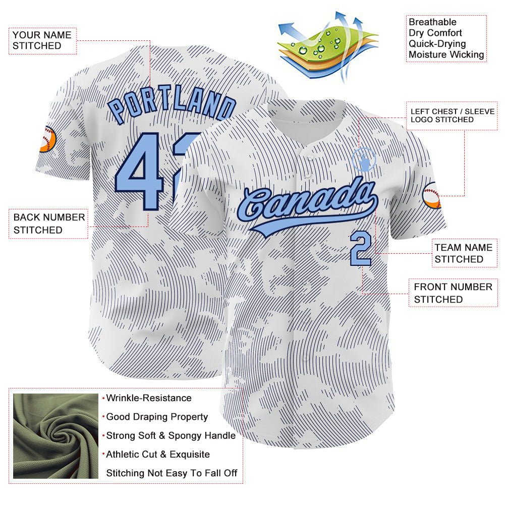Custom White Light Blue-Navy 3D Pattern Design Curve Lines Authentic Baseball Jersey view 3