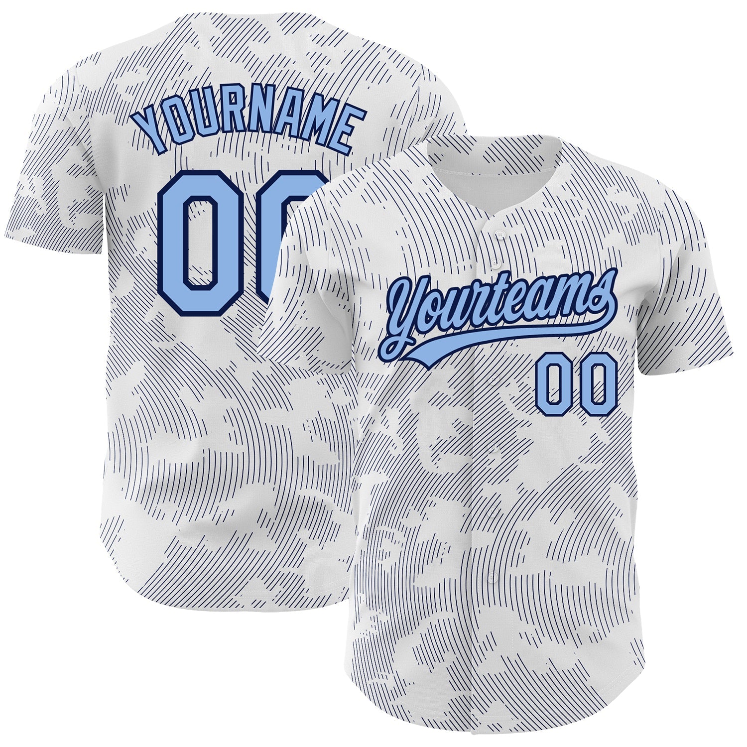 Custom White Light Blue-Navy 3D Pattern Design Curve Lines Authentic Baseball Jersey - Main View