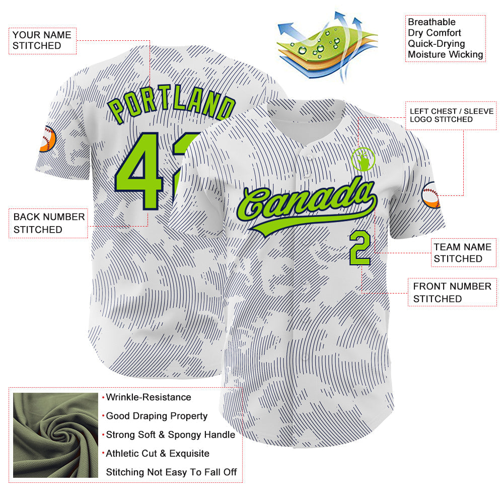 Custom White Neon Green-Navy 3D Pattern Design Curve Lines Authentic Baseball Jersey view 3