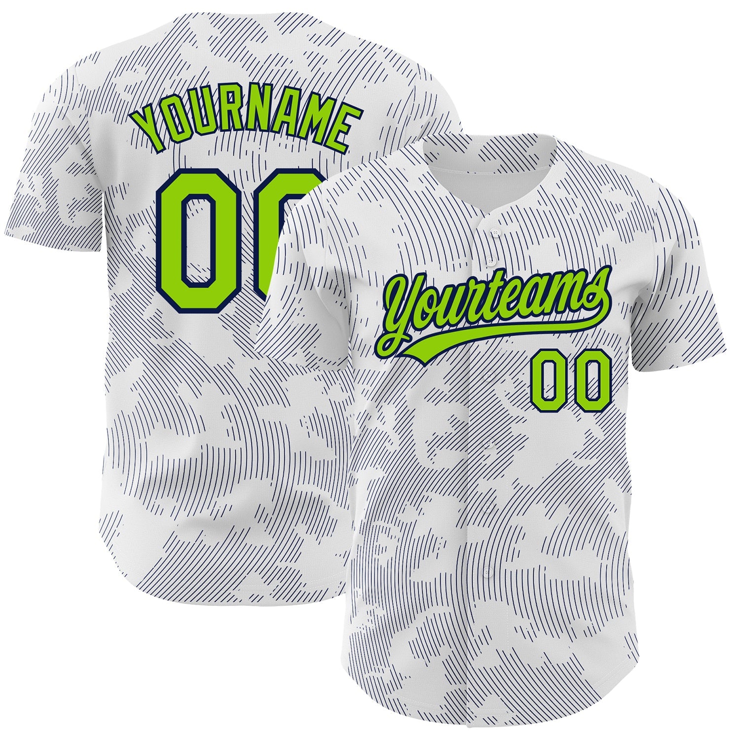 Custom White Neon Green-Navy 3D Pattern Design Curve Lines Authentic Baseball Jersey - Main View