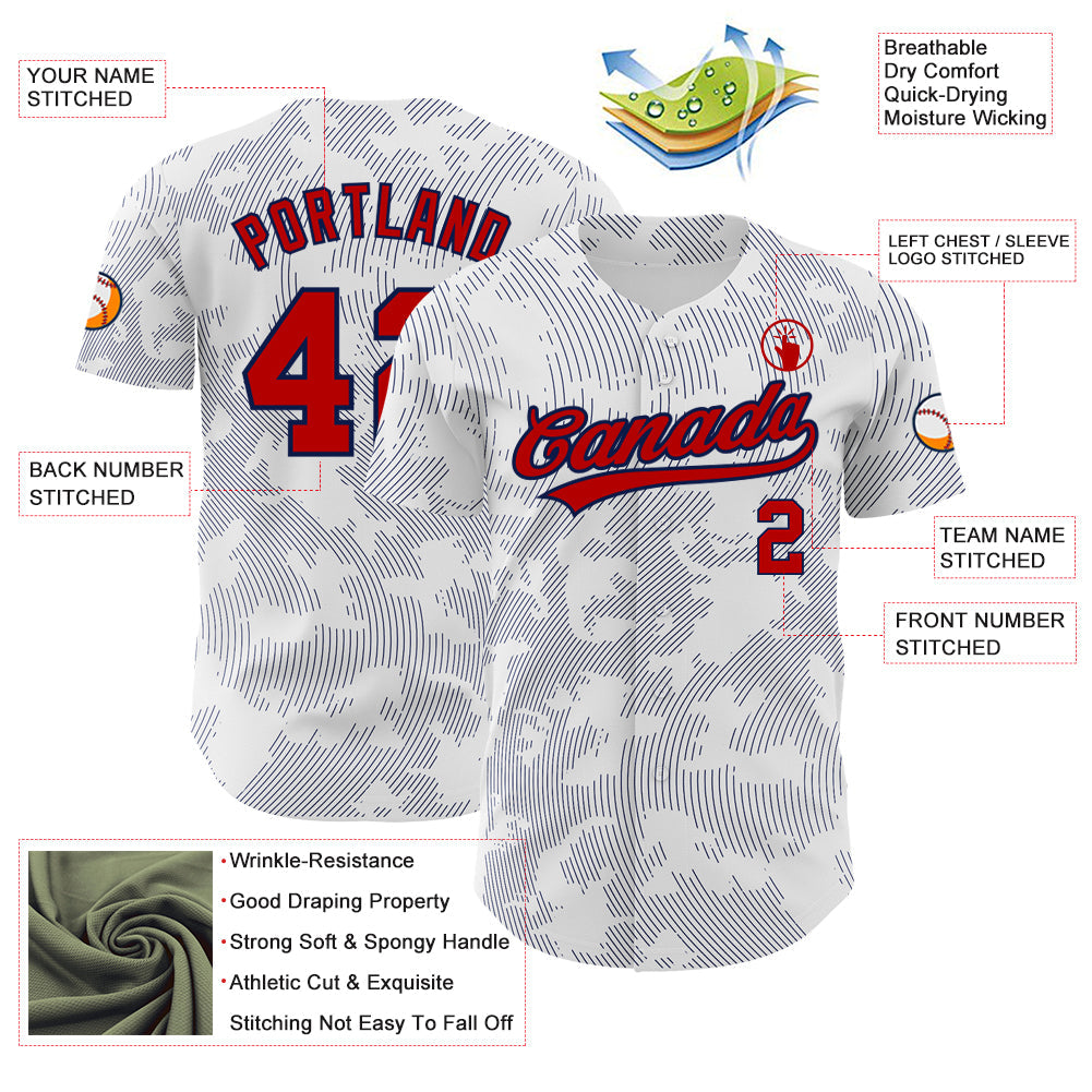Custom White Red-Navy 3D Pattern Design Curve Lines Authentic Baseball Jersey view 3