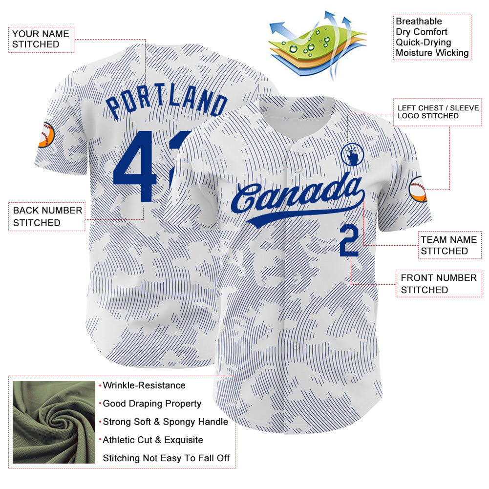 Custom White Royal 3D Pattern Design Curve Lines Authentic Baseball Jersey view 3