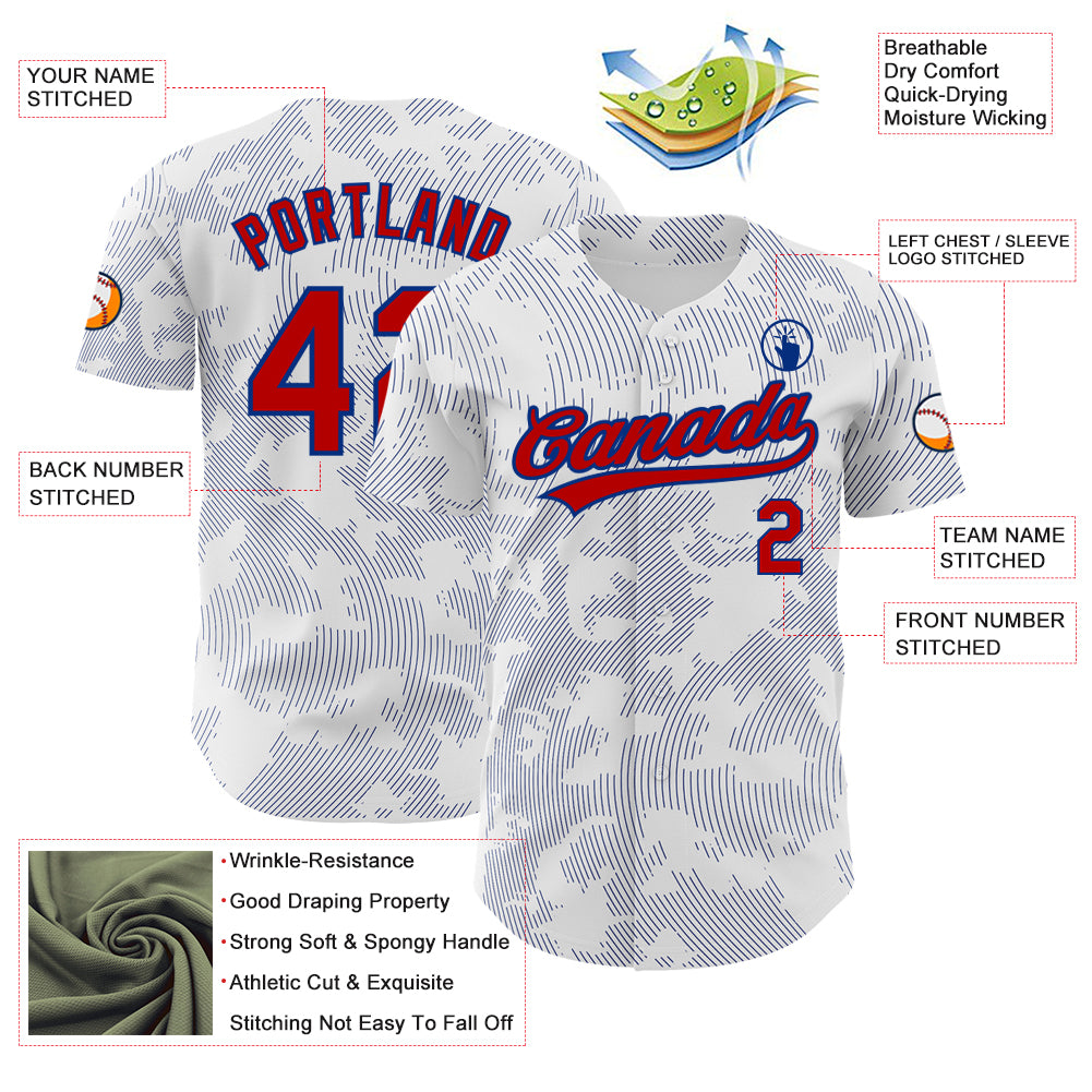 Custom White Red-Royal 3D Pattern Design Curve Lines Authentic Baseball Jersey view 3