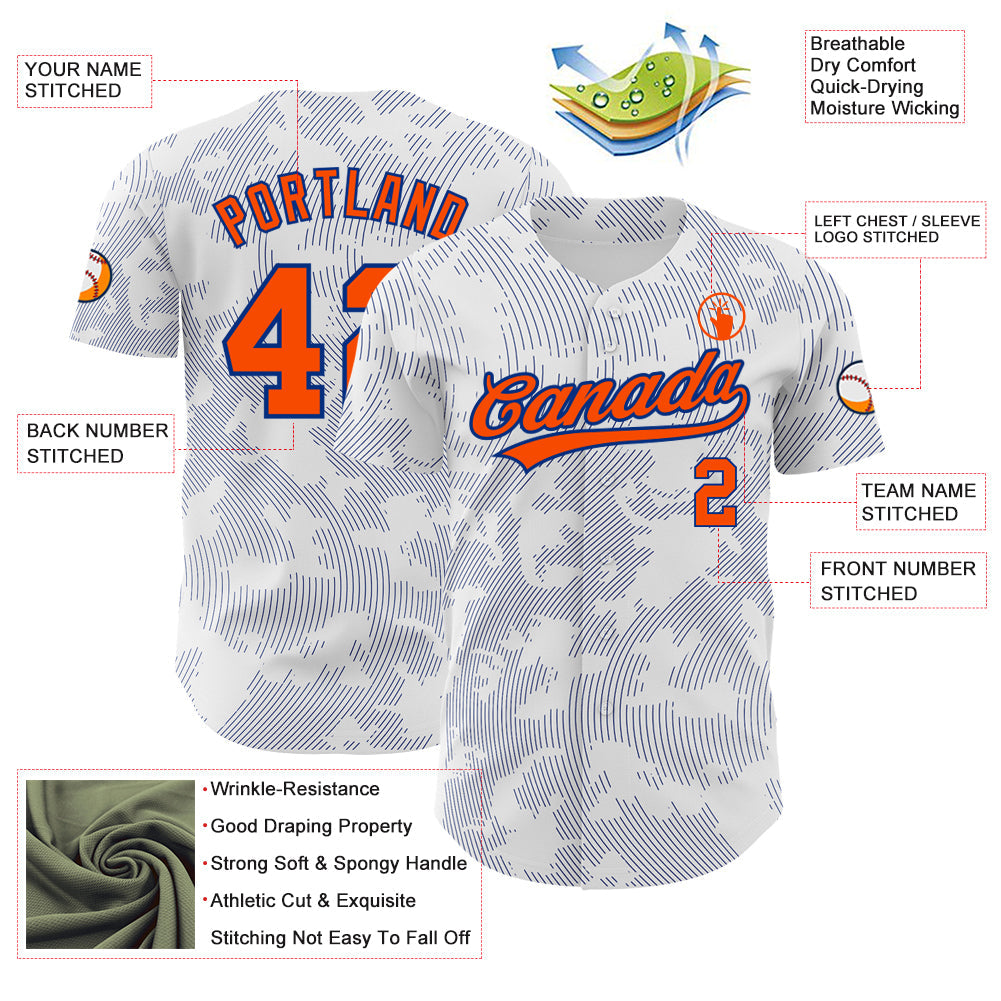 Custom White Orange-Royal 3D Pattern Design Curve Lines Authentic Baseball Jersey view 3