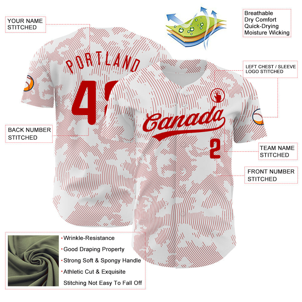Custom White Red 3D Pattern Design Curve Lines Authentic Baseball Jersey view 3