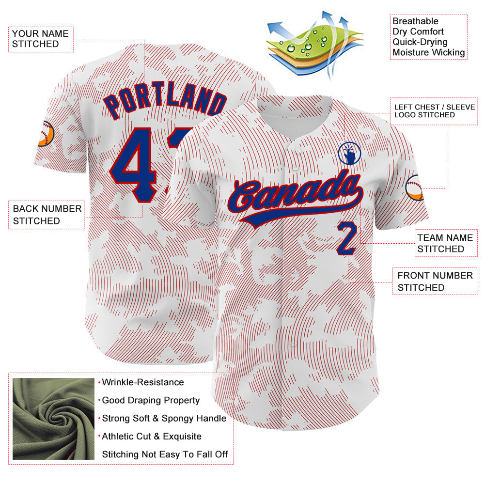 Custom White Royal-Red 3D Pattern Design Curve Lines Authentic Baseball Jersey view 3