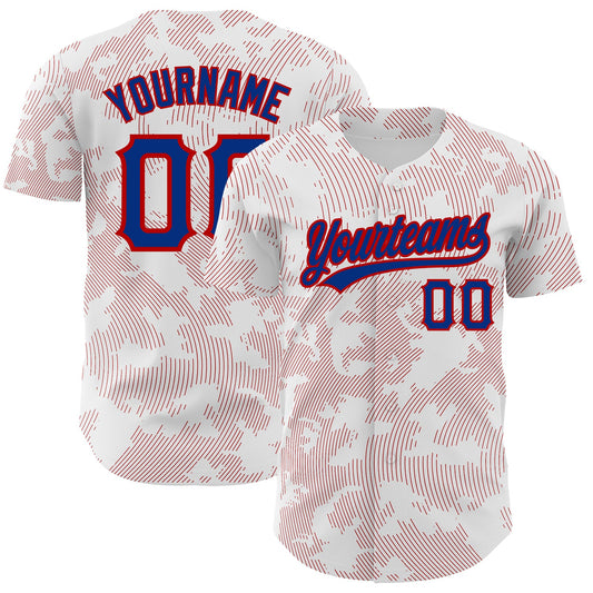 Custom White Royal-Red 3D Pattern Design Curve Lines Authentic Baseball Jersey - Main View
