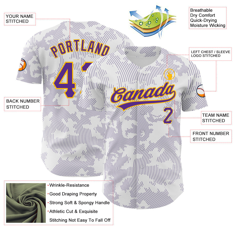 Custom White Purple-Gold 3D Pattern Design Curve Lines Authentic Baseball Jersey view 3
