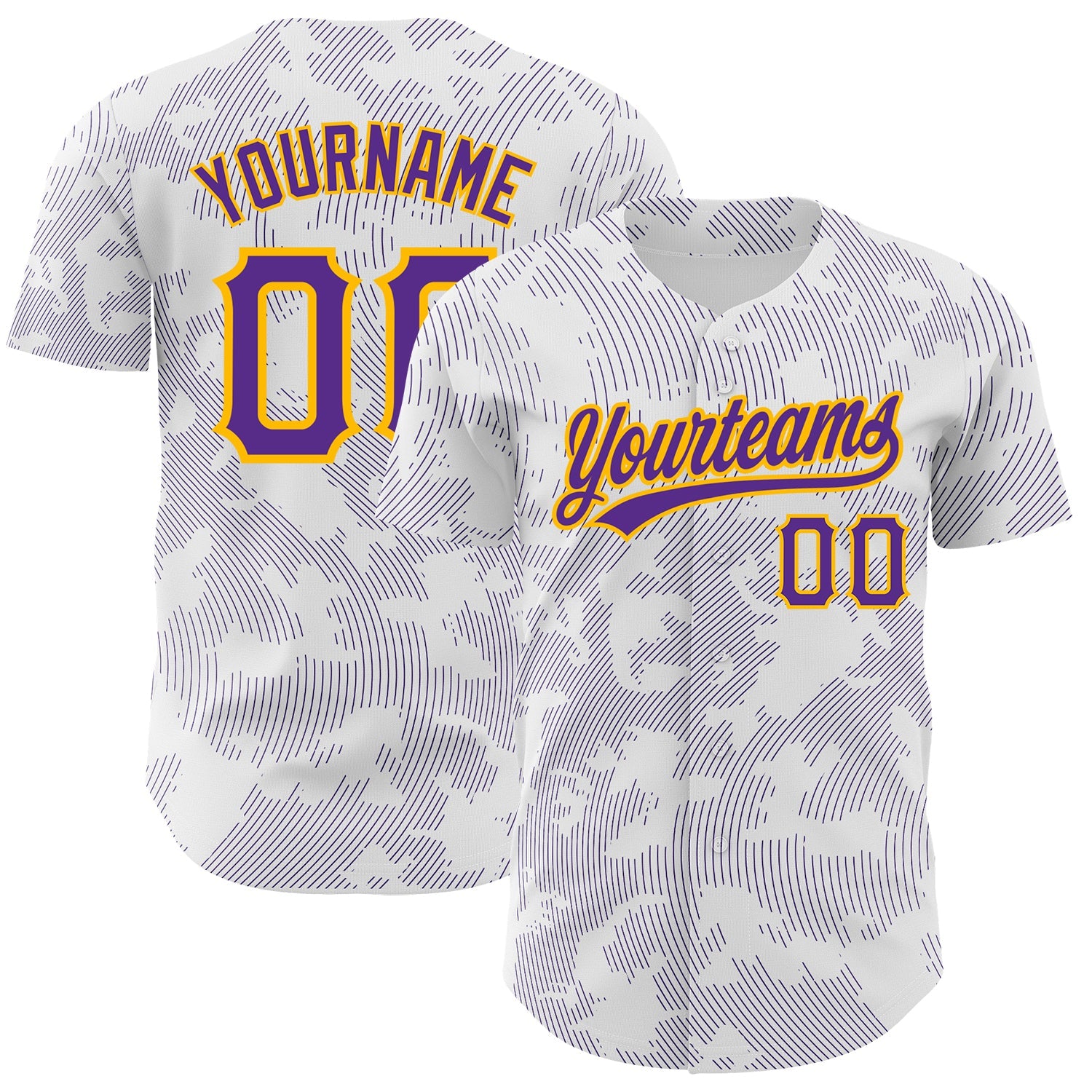 Custom White Purple-Gold 3D Pattern Design Curve Lines Authentic Baseball Jersey - Main View