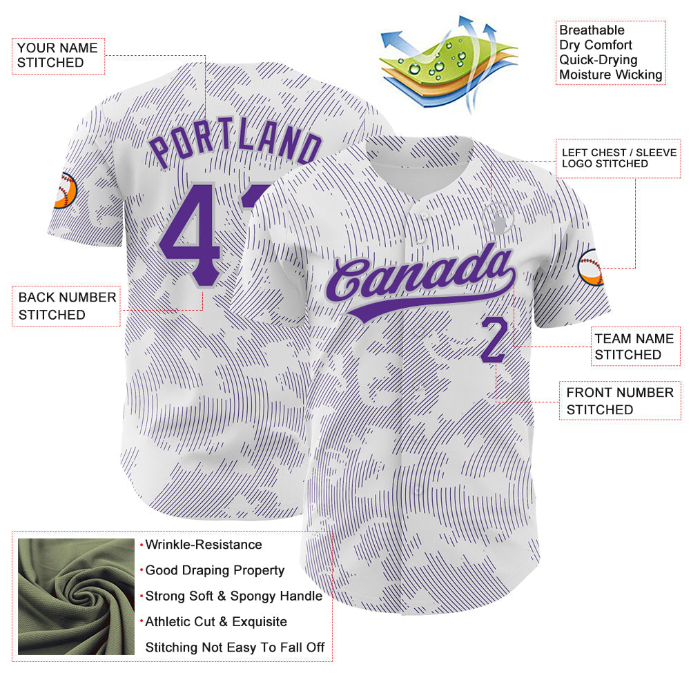 Custom White Purple-Gray 3D Pattern Design Curve Lines Authentic Baseball Jersey view 3