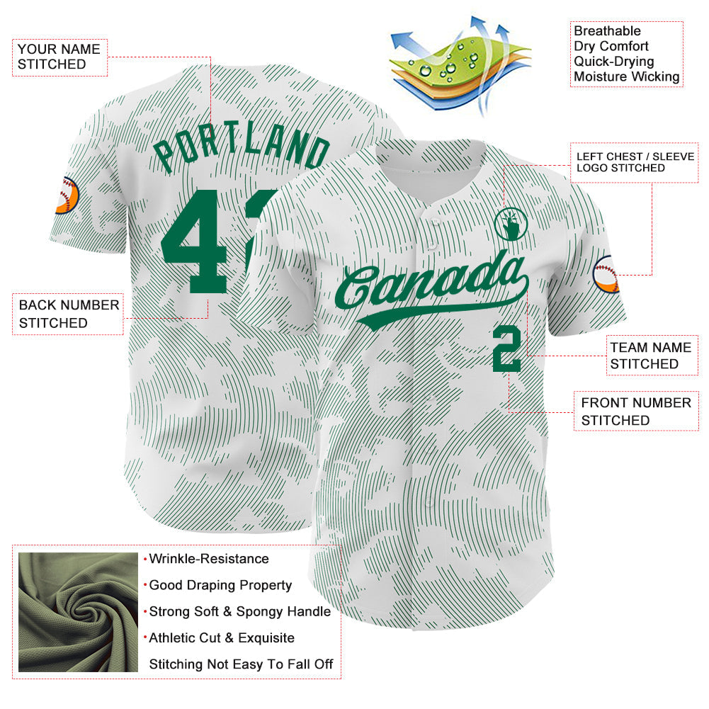 Custom White Kelly Green 3D Pattern Design Curve Lines Authentic Baseball Jersey view 3