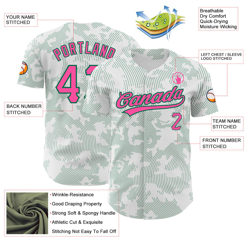 Custom White Pink-Kelly Green 3D Pattern Design Curve Lines Authentic Baseball Jersey view 3