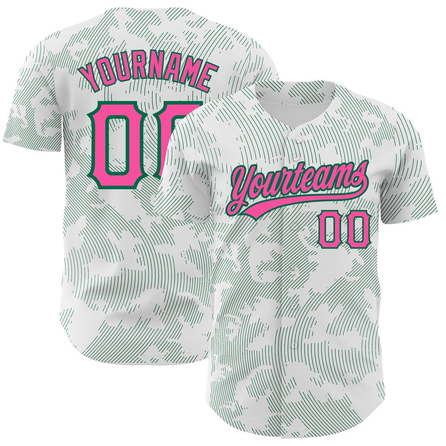 Custom White Pink-Kelly Green 3D Pattern Design Curve Lines Authentic Baseball Jersey - Main View