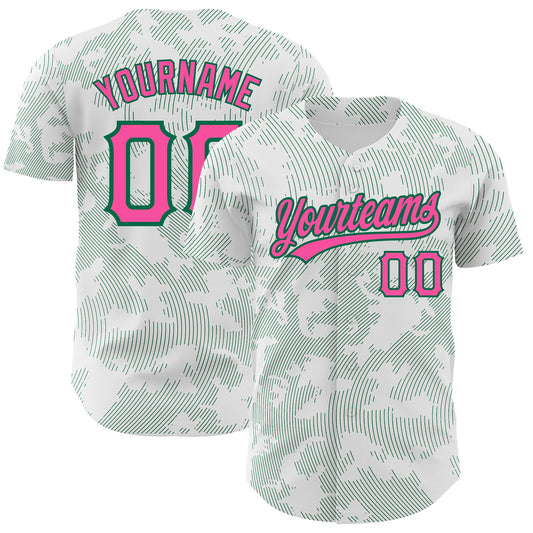 Custom White Pink-Kelly Green 3D Pattern Design Curve Lines Authentic Baseball Jersey - Main View