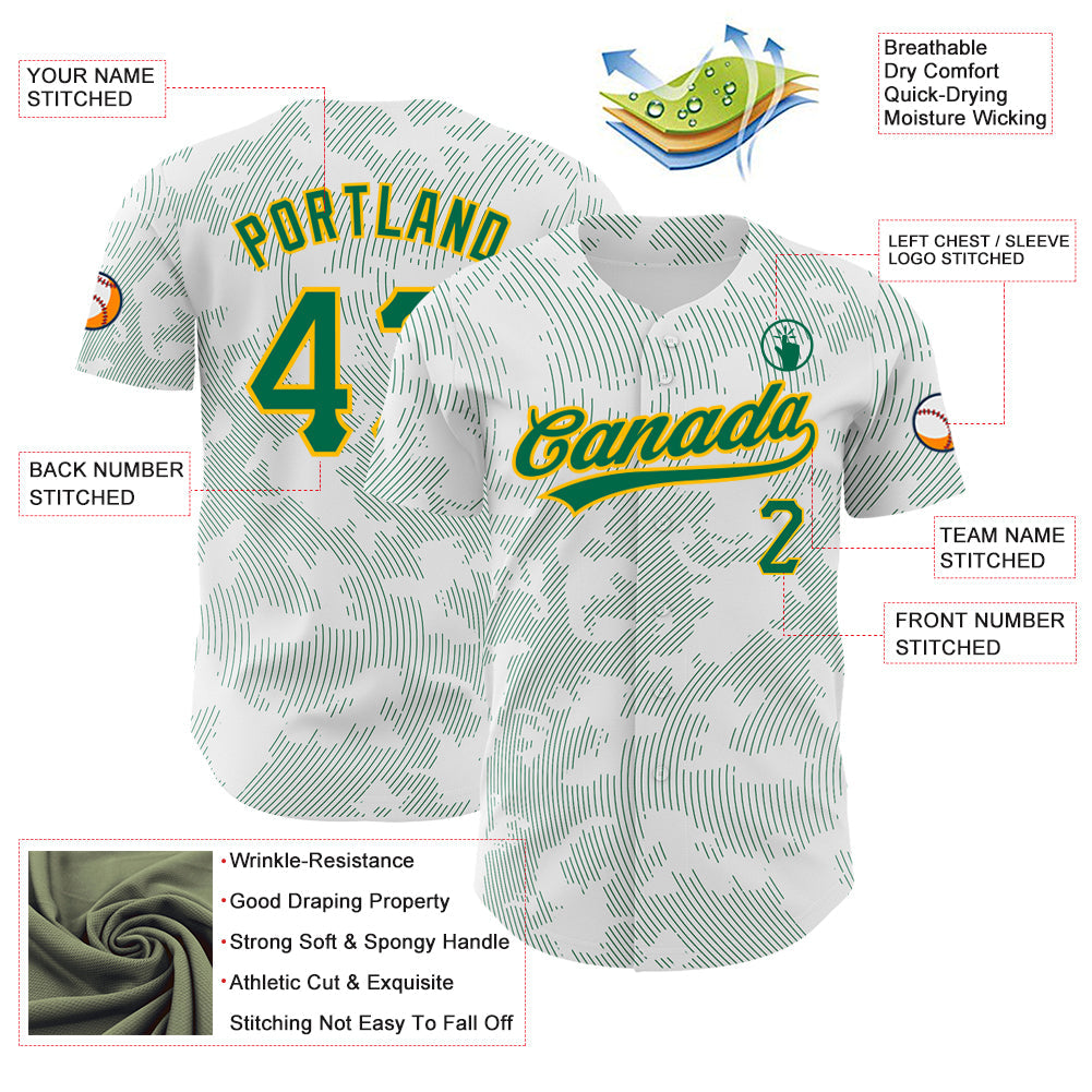 Custom White Kelly Green-Gold 3D Pattern Design Curve Lines Authentic Baseball Jersey view 3