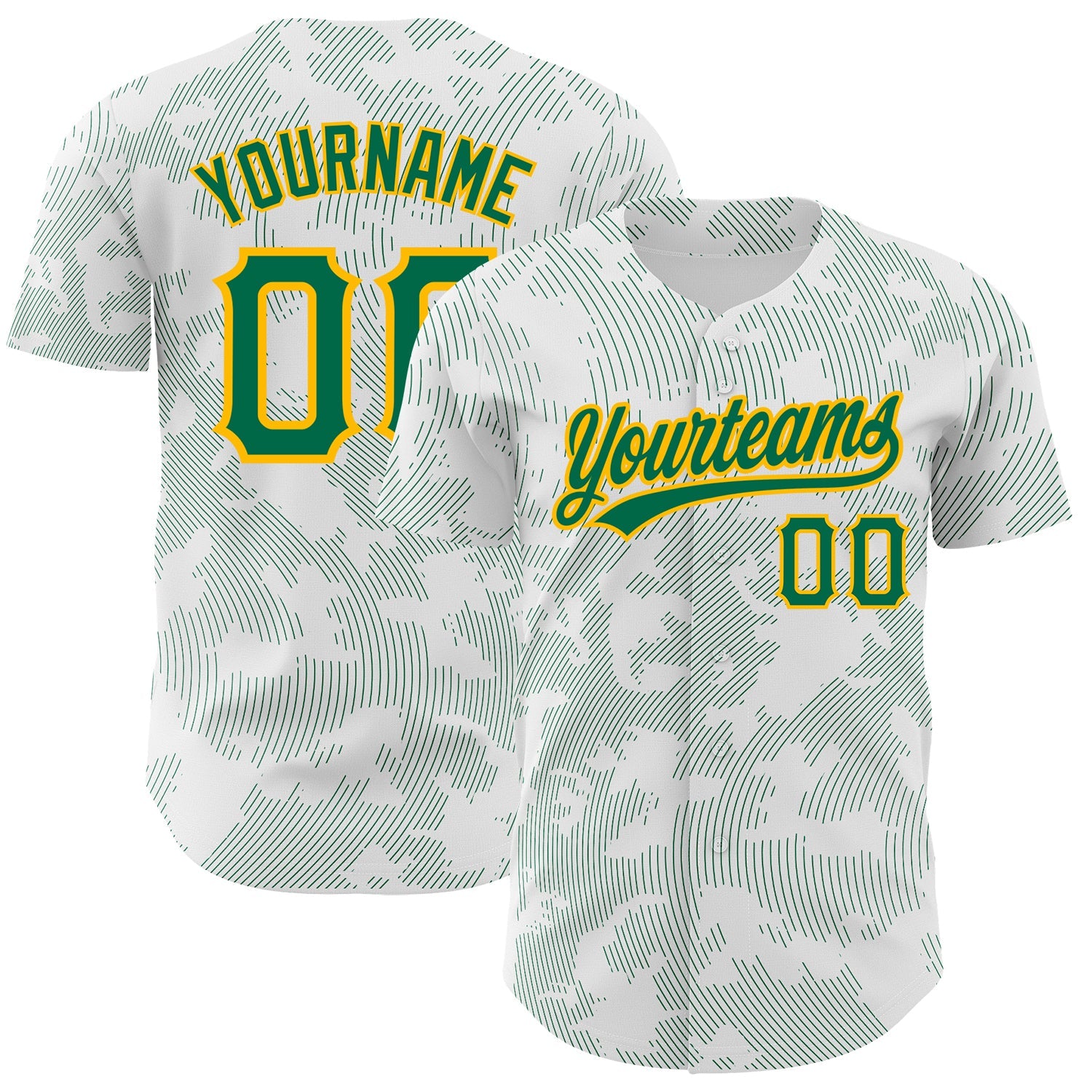 Custom White Kelly Green-Gold 3D Pattern Design Curve Lines Authentic Baseball Jersey - Main View