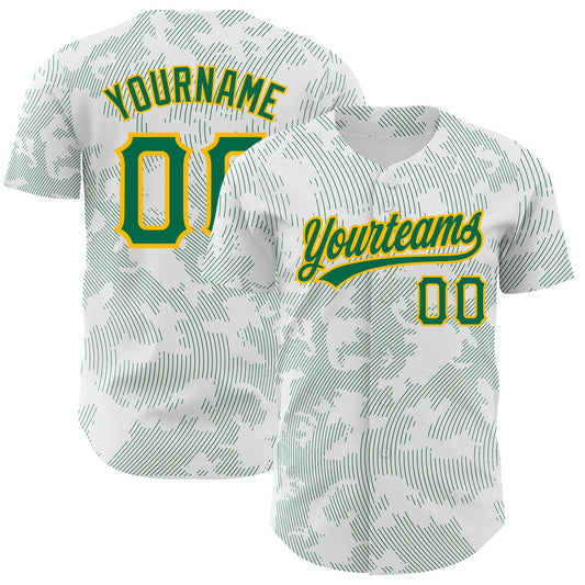 Custom White Kelly Green-Gold 3D Pattern Design Curve Lines Authentic Baseball Jersey - Main View