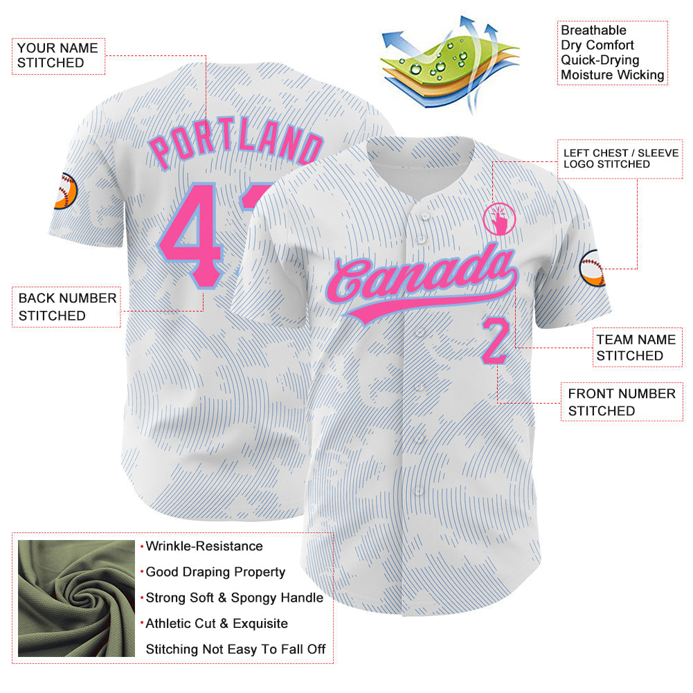 Custom White Pink-Light Blue 3D Pattern Design Curve Lines Authentic Baseball Jersey view 3