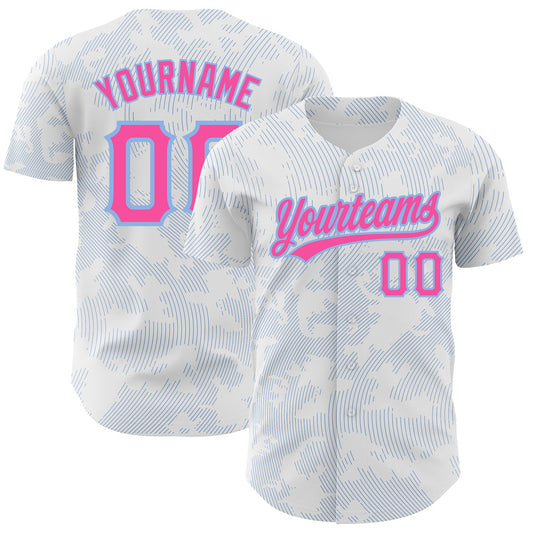 Custom White Pink-Light Blue 3D Pattern Design Curve Lines Authentic Baseball Jersey - Main View