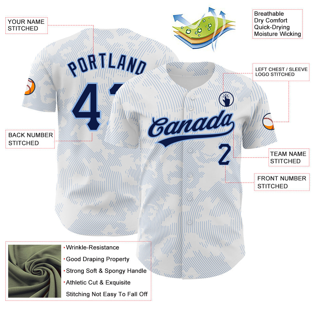 Custom White Navy-Light Blue 3D Pattern Design Curve Lines Authentic Baseball Jersey view 3