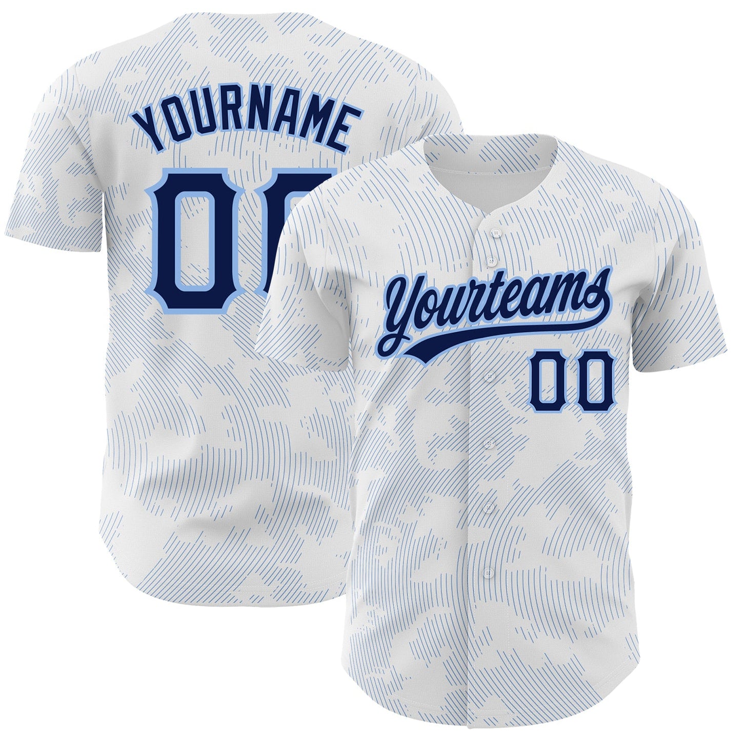Custom White Navy-Light Blue 3D Pattern Design Curve Lines Authentic Baseball Jersey - Main View