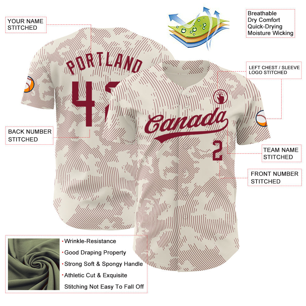 Custom Cream Crimson 3D Pattern Design Curve Lines Authentic Baseball Jersey view 3
