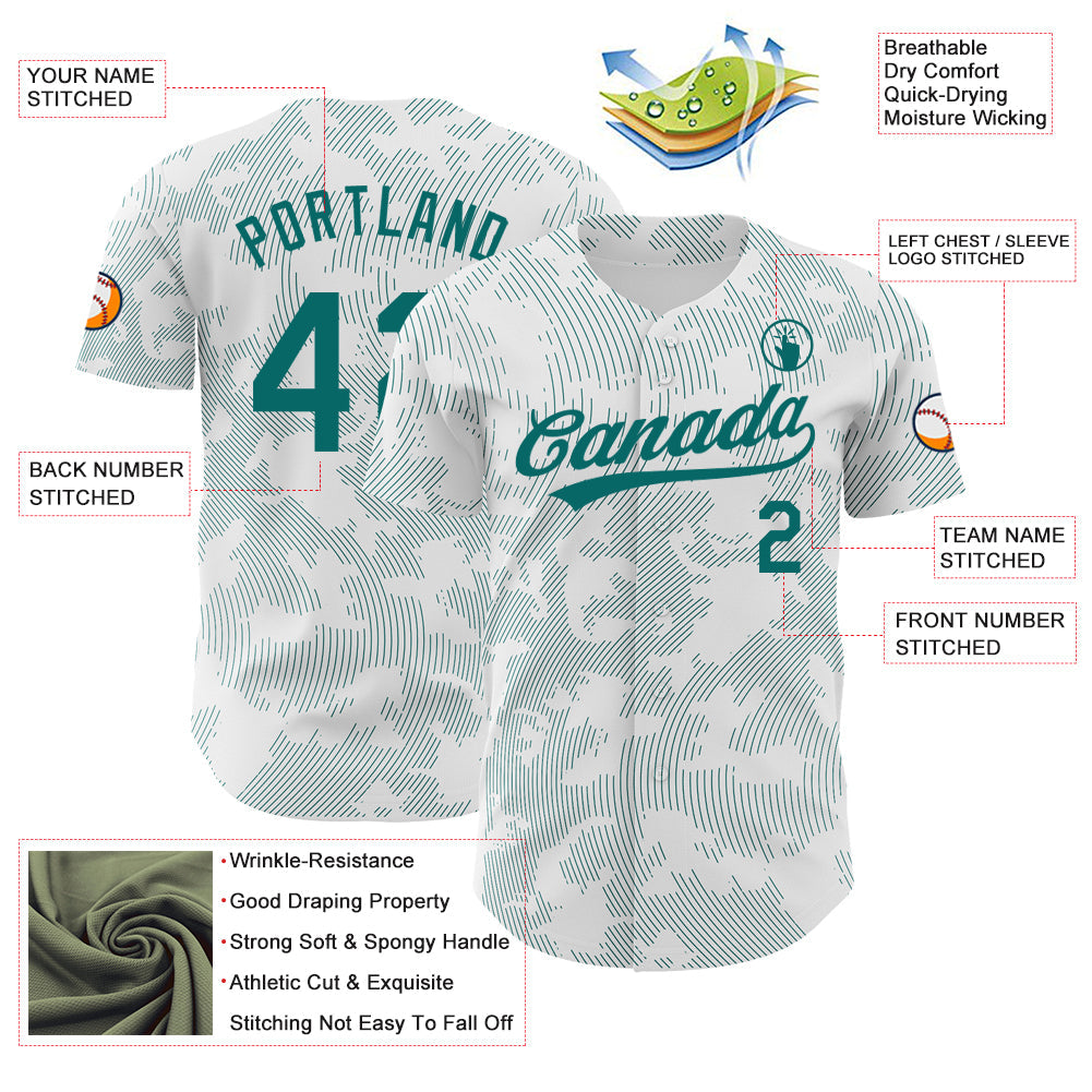 Custom White Teal 3D Pattern Design Curve Lines Authentic Baseball Jersey view 3