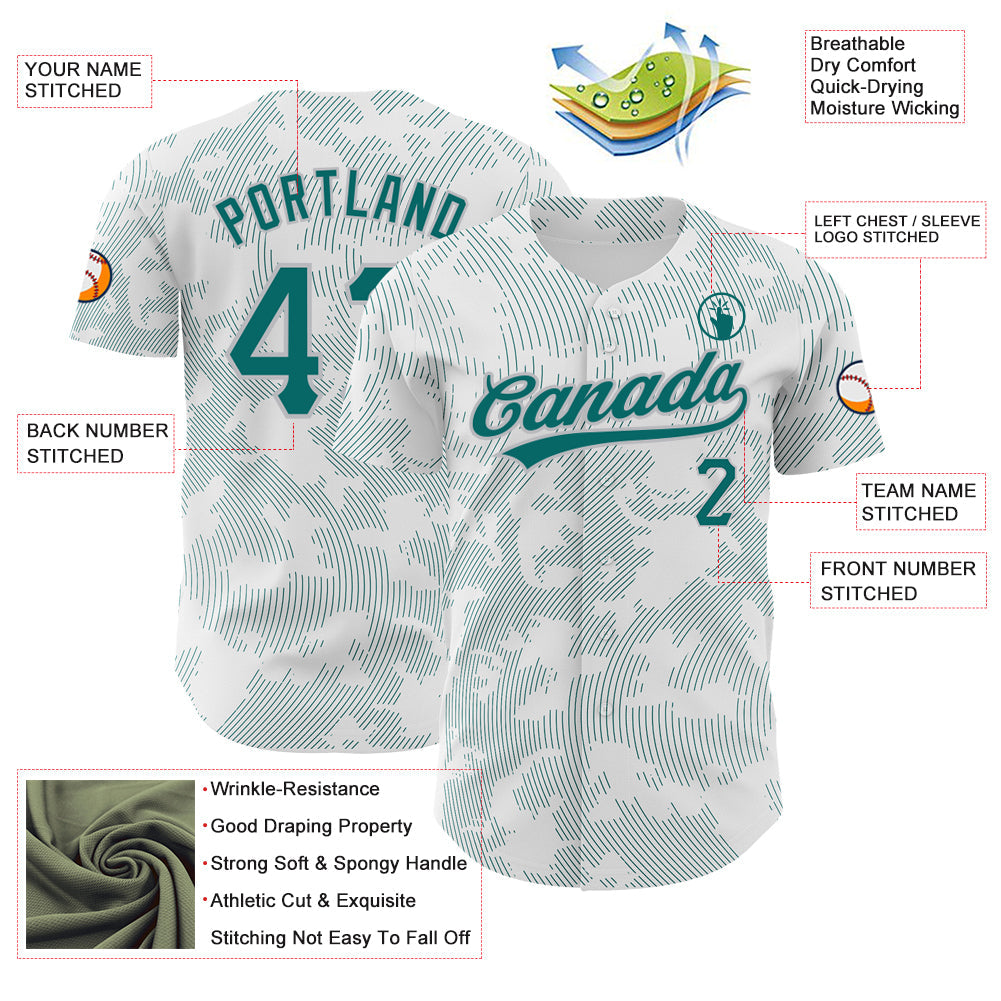 Custom White Teal-Gray 3D Pattern Design Curve Lines Authentic Baseball Jersey view 3