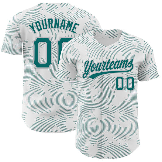 Custom White Teal-Gray 3D Pattern Design Curve Lines Authentic Baseball Jersey - Main View