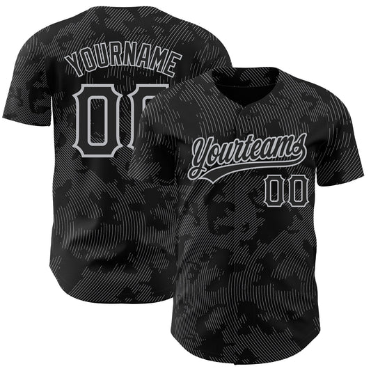 Custom Black Gray 3D Pattern Design Curve Lines Authentic Baseball Jersey - Main View