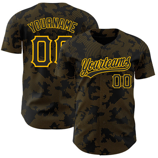 Custom Black Gold 3D Pattern Design Curve Lines Authentic Baseball Jersey - Main View
