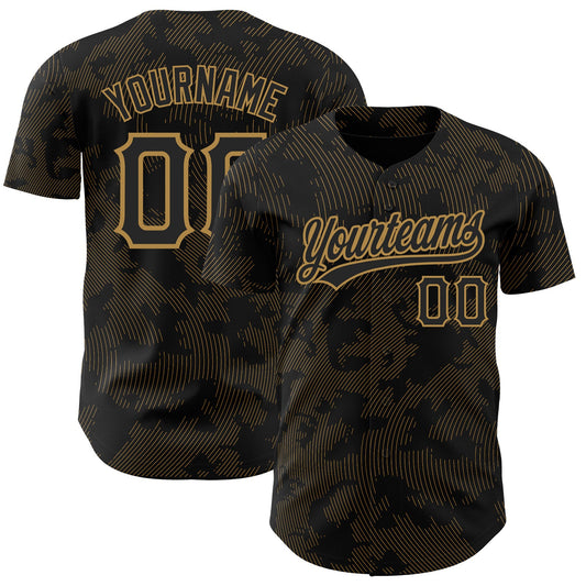 Custom Black Old Gold 3D Pattern Design Curve Lines Authentic Baseball Jersey - Main View