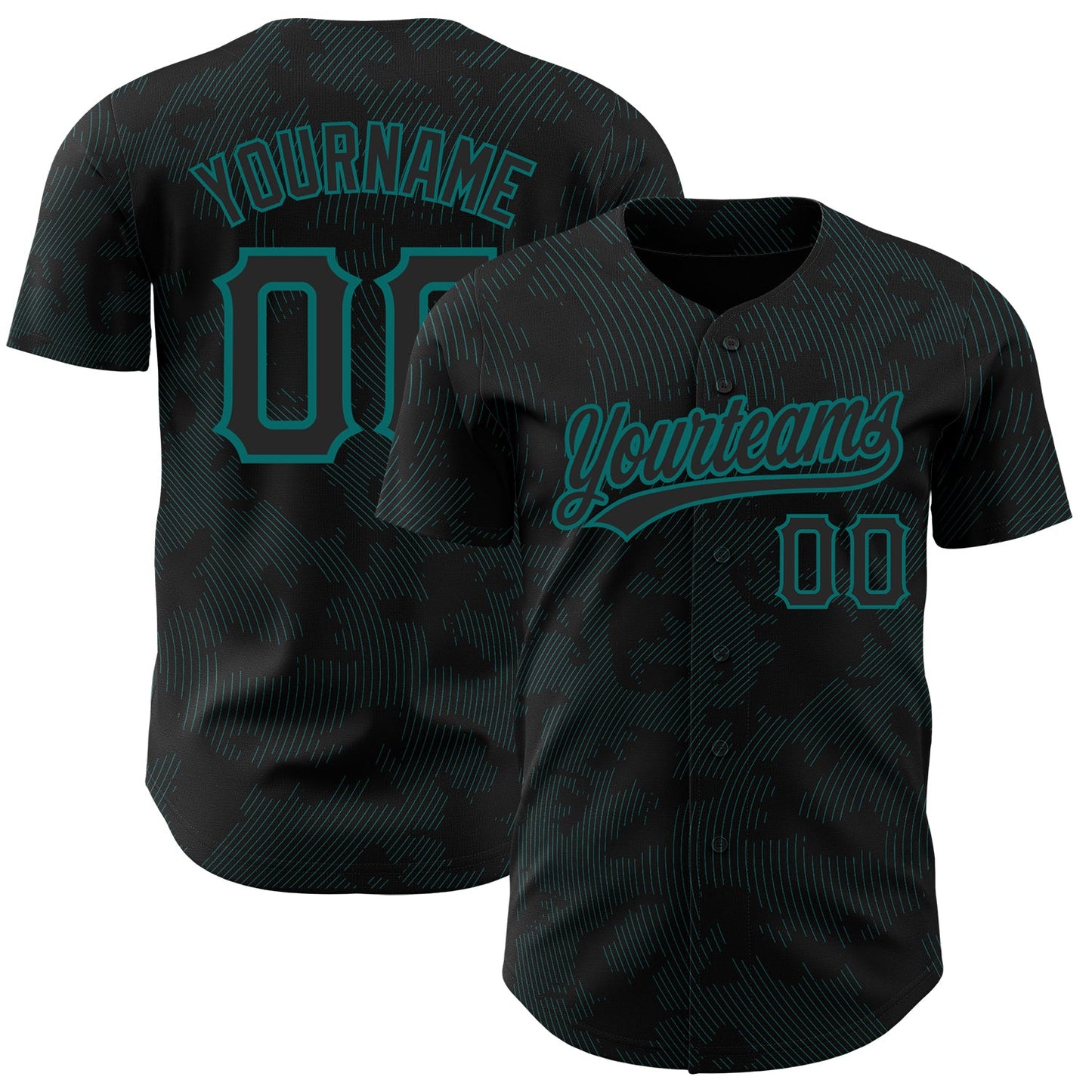 Custom Black Teal 3D Pattern Design Curve Lines Authentic Baseball Jersey - Main View