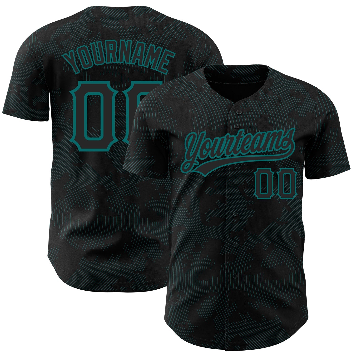 Custom Black Teal 3D Pattern Design Curve Lines Authentic Baseball Jersey - Main View