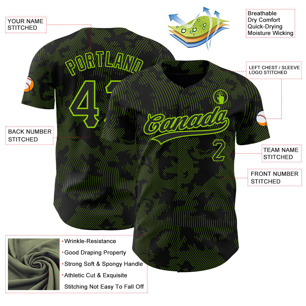 Custom Black Neon Green 3D Pattern Design Curve Lines Authentic Baseball Jersey view 3