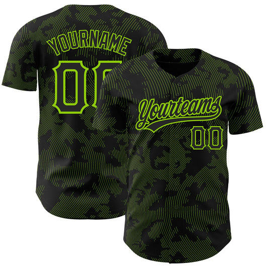 Custom Black Neon Green 3D Pattern Design Curve Lines Authentic Baseball Jersey - Main View