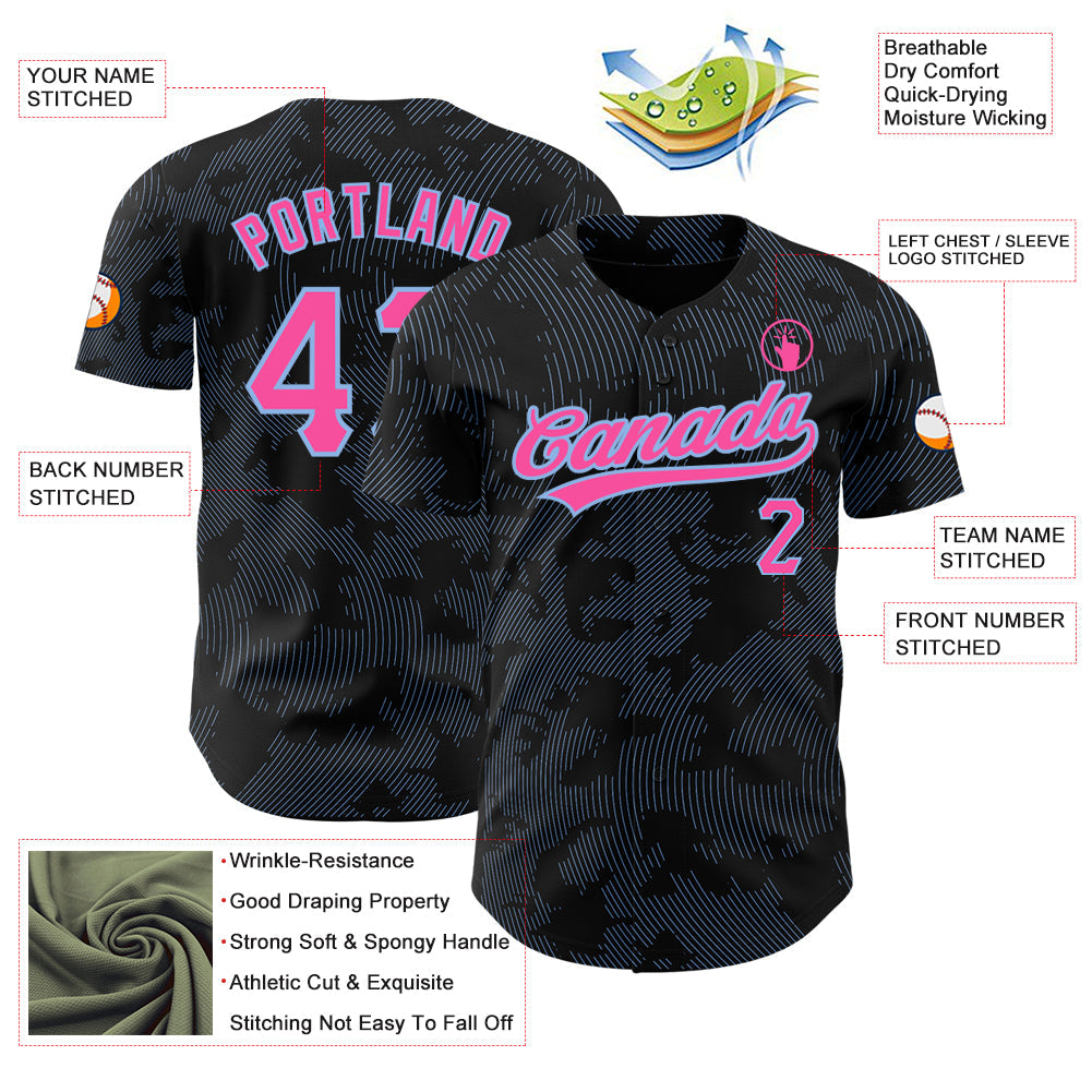 Custom Black Pink-Light Blue 3D Pattern Design Curve Lines Authentic Baseball Jersey view 3