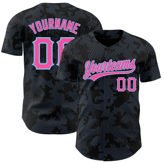 Custom Black Pink-Light Blue 3D Pattern Design Curve Lines Authentic Baseball Jersey - Main View