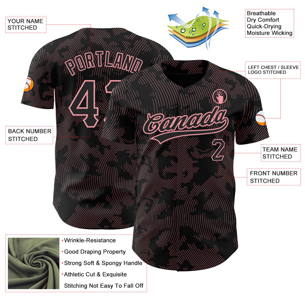 Custom Black Medium Pink 3D Pattern Design Curve Lines Authentic Baseball Jersey view 3