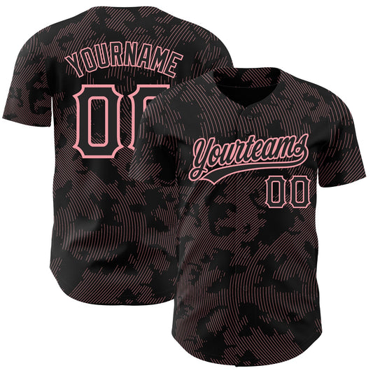 Custom Black Medium Pink 3D Pattern Design Curve Lines Authentic Baseball Jersey - Main View