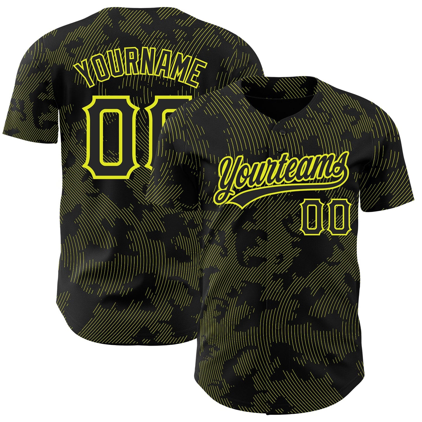 Custom Black Neon Yellow 3D Pattern Design Curve Lines Authentic Baseball Jersey - Main View