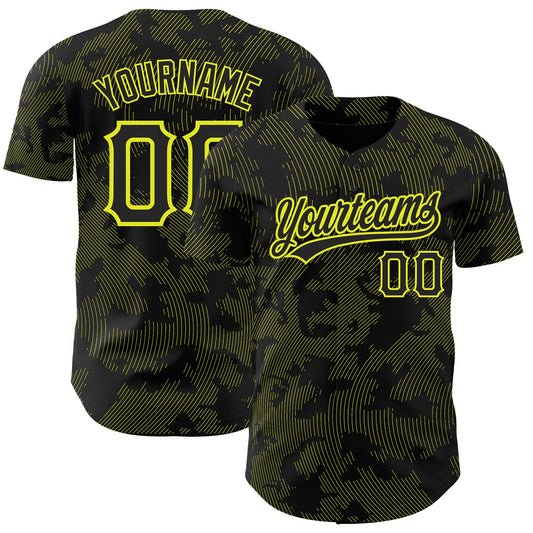 Custom Black Neon Yellow 3D Pattern Design Curve Lines Authentic Baseball Jersey - Main View